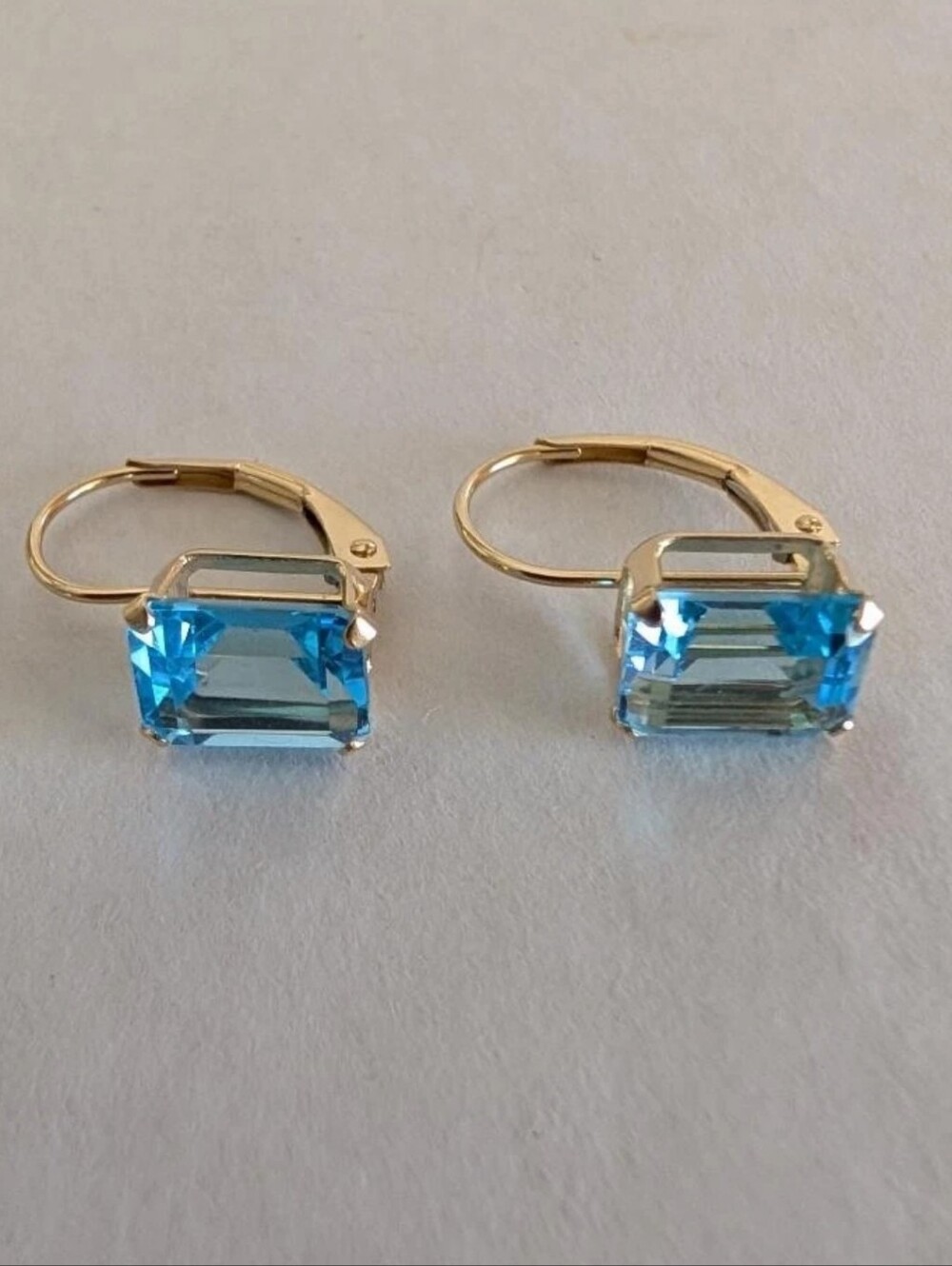 14k Yellow Gold Emerald Cut Blue Topaz Dangle Earrings 2.0CT